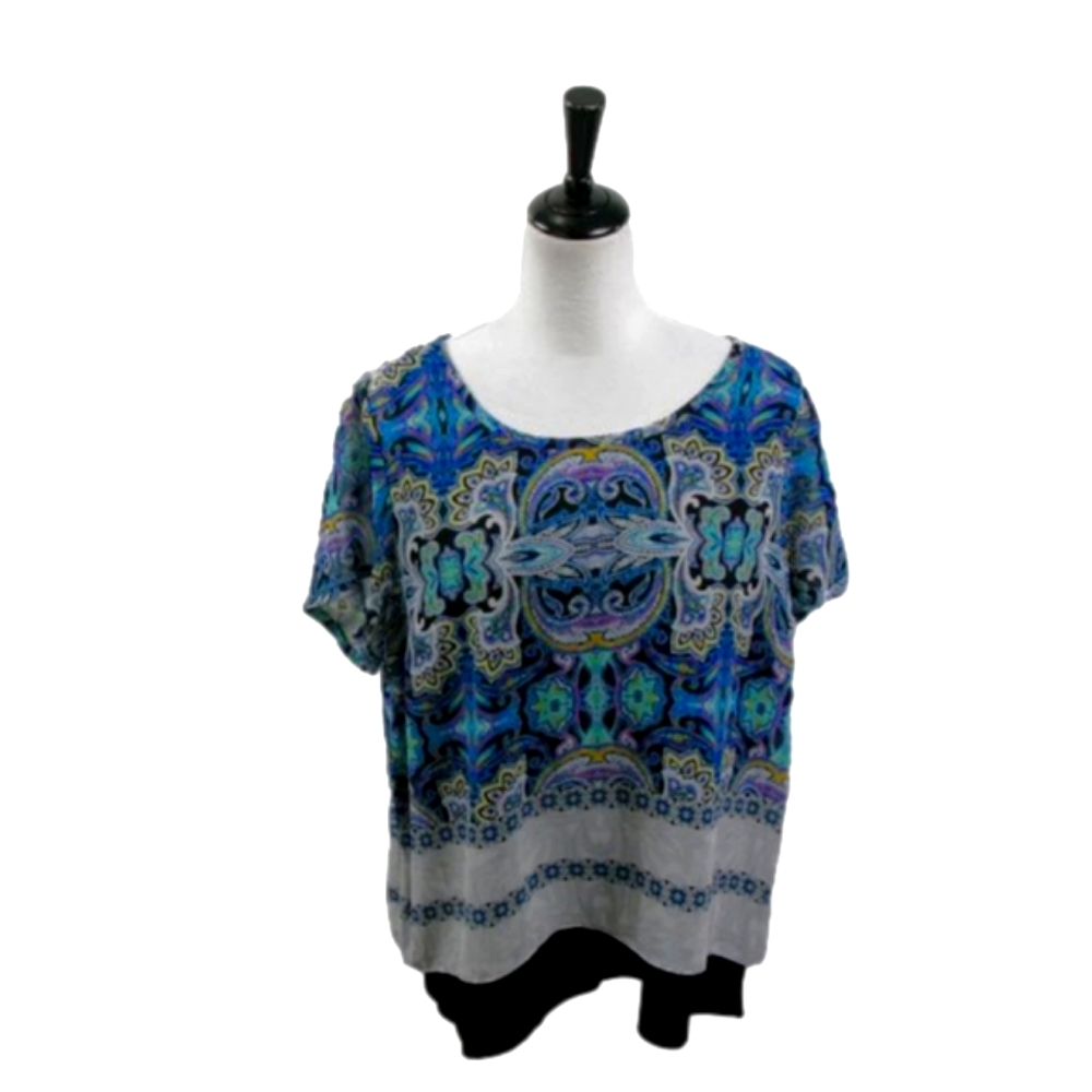 Dana Buchman Boho Print Lined Open Back Slit Short Sleeve Blouse Size XL